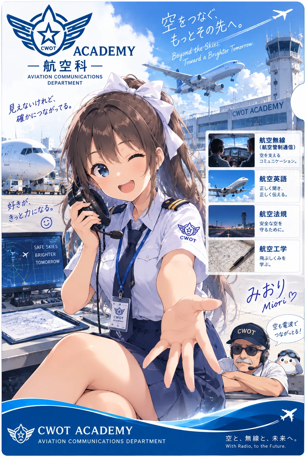 青空と旅客機、管制塔を背景に、航空科の制服でヘッドセットをつけたみおり。航空科の学科紹介イラスト。