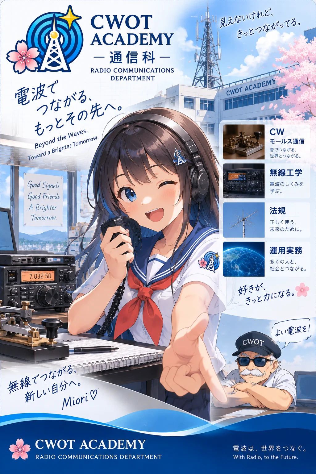 桜の咲く通信科の校舎で、無線機と電鍵を前にマイクを持つみおり。通信科の学科紹介イラスト。