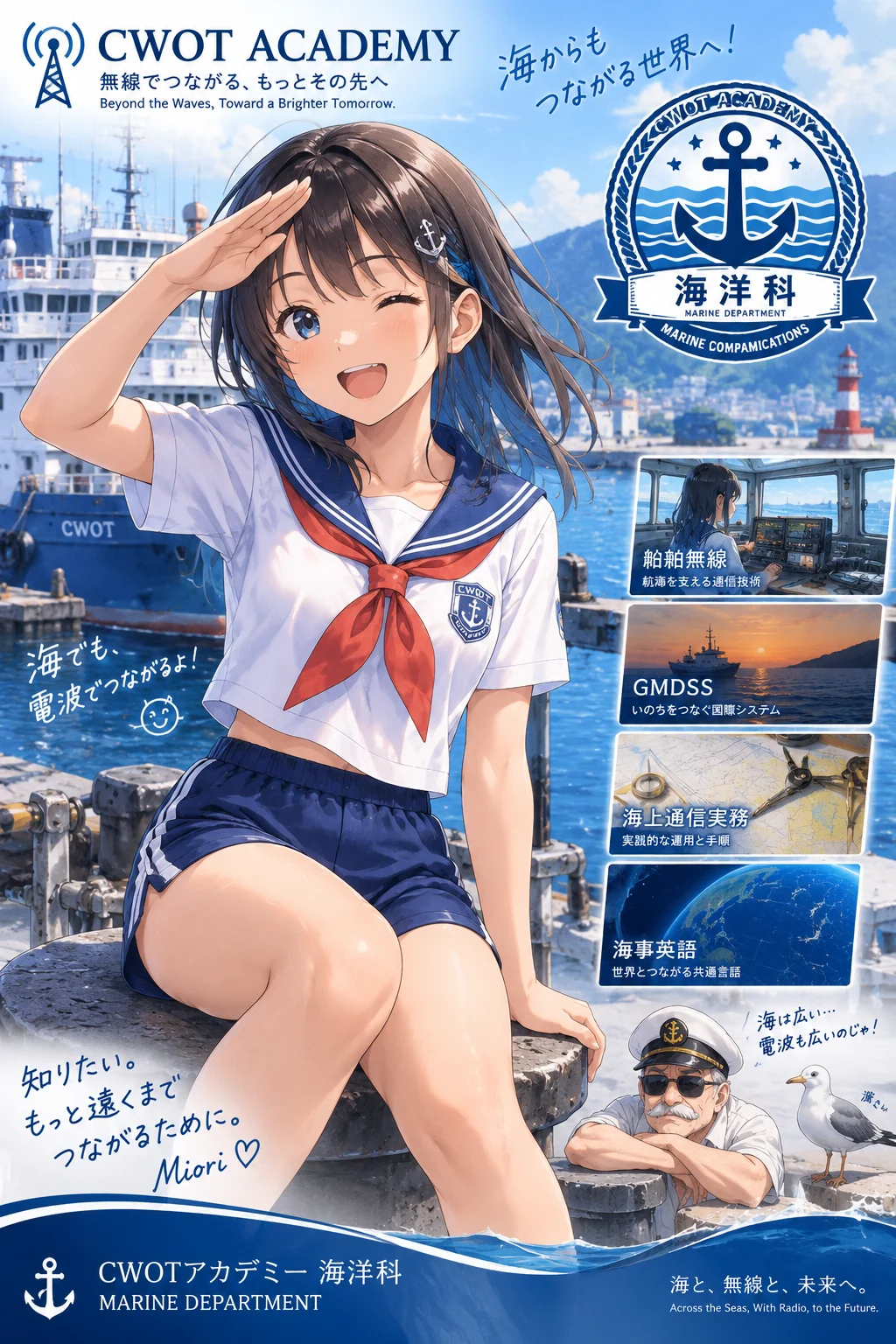 船舶と灯台のある海辺で敬礼するみおり。海上無線や海事英語をテーマにした海洋科の学科紹介イラスト。